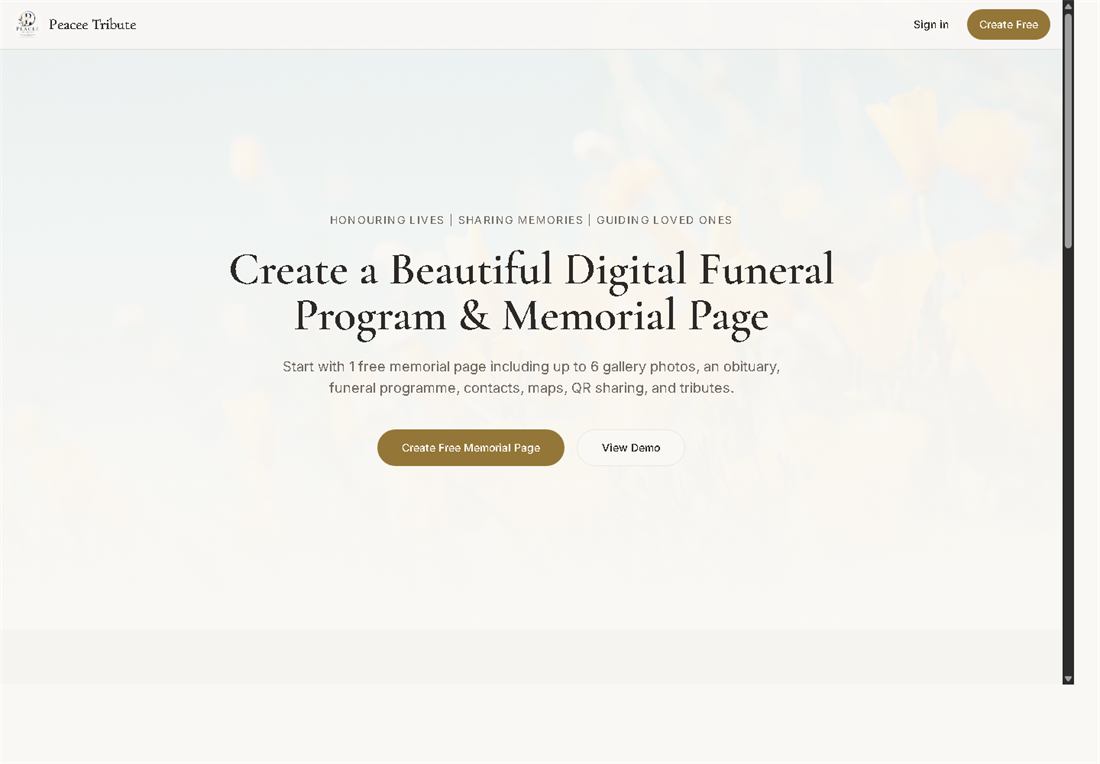 Peacee Tribute website preview